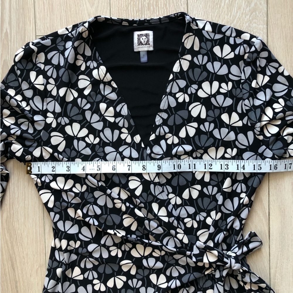 Anne Klein Faux Wrap Floral Print 3/4 Sleeve Dress in Black & White Size S - Picture 4 of 11